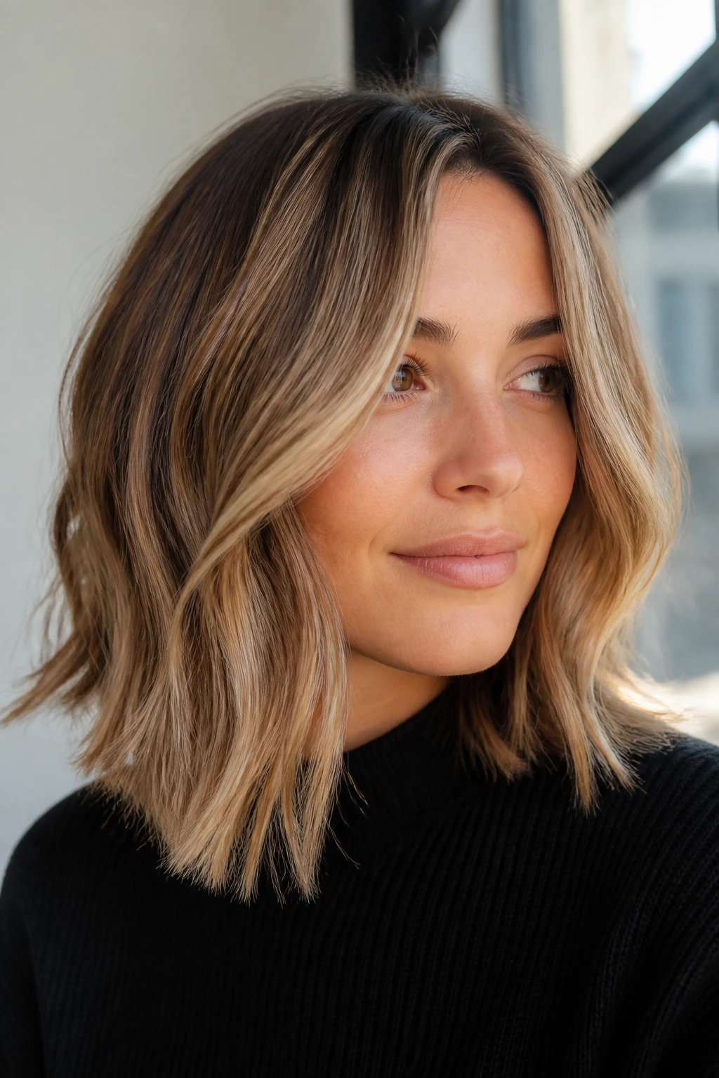 Close-up of a real person with Tawny Beige Lob balayage highlighting the face-framing front