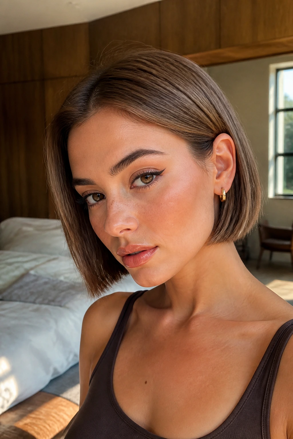 Close-up of a real woman with a tawny blunt bob tucked behind the ear; warm natural light.