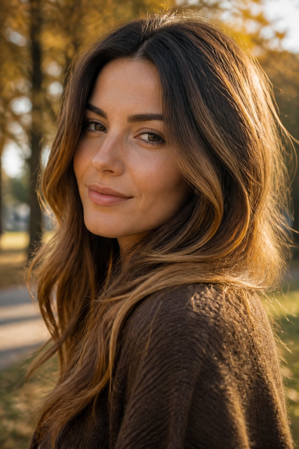Close-up of real woman with tawny brown earthy warmth hair in outdoor park.