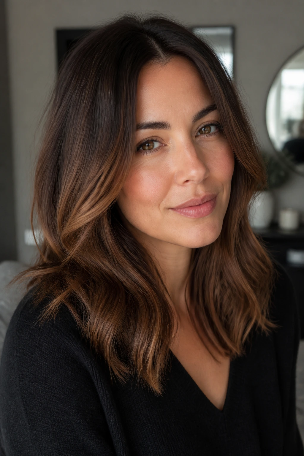 Close-up of tawny brown sombre hair on a real person with soft waves