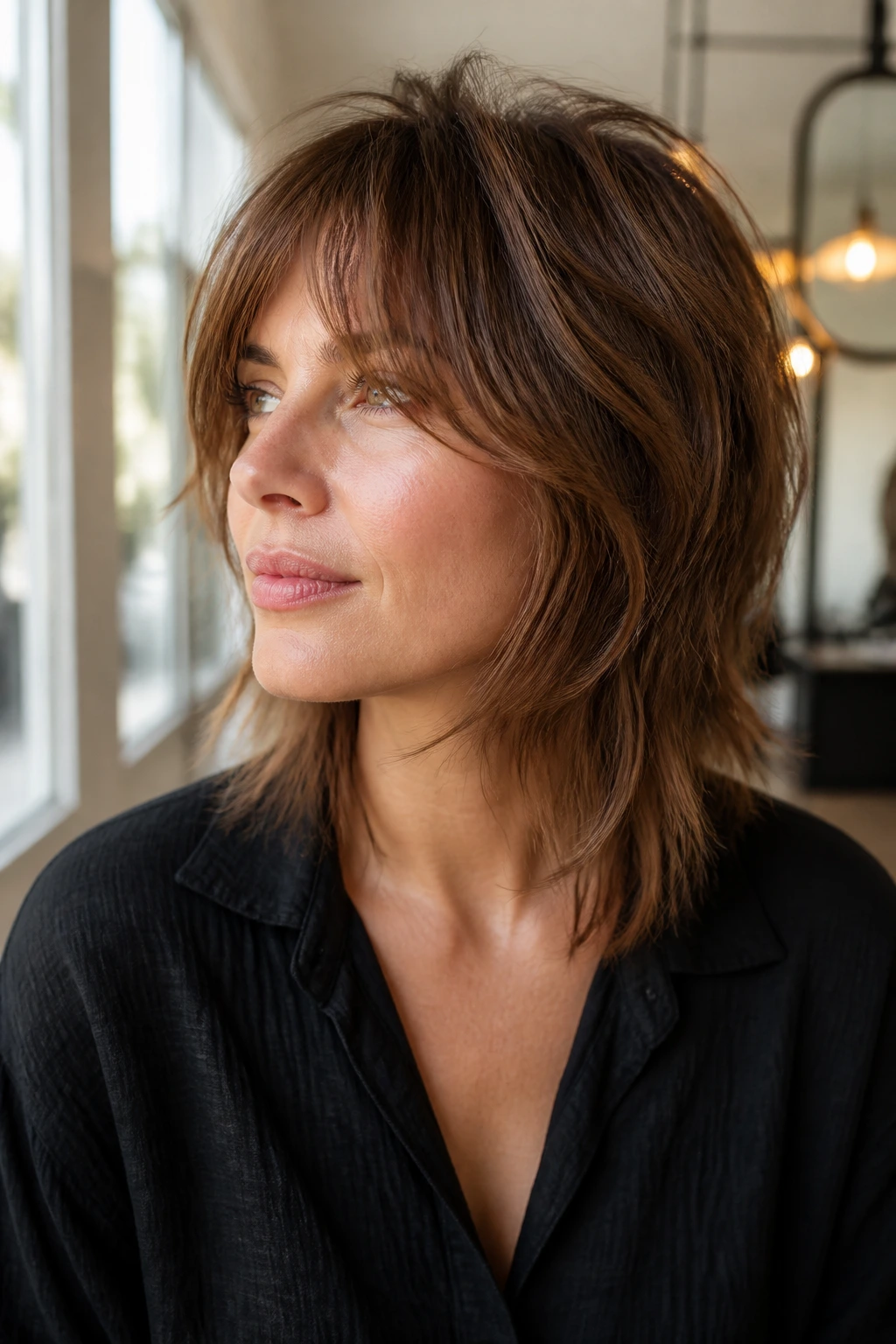 Close-up of a real woman with a tawny shag for fine hair in natural daylight
