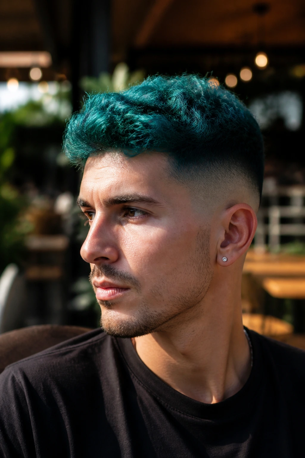 Close-up of real person with teal fade hairstyle in outdoor cafe