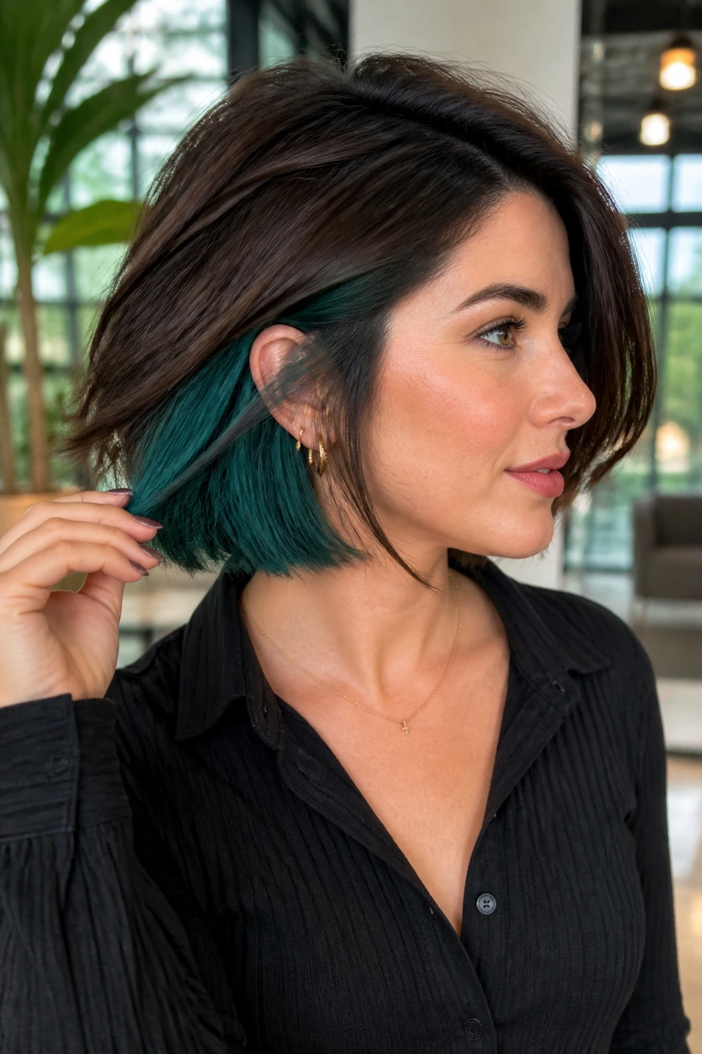 Portrait of a real woman with teal hidden panels under the top layer in a short cut