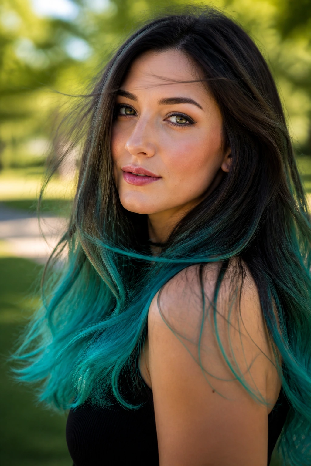 Close-up of teal mermaid ends on a real woman's long hair