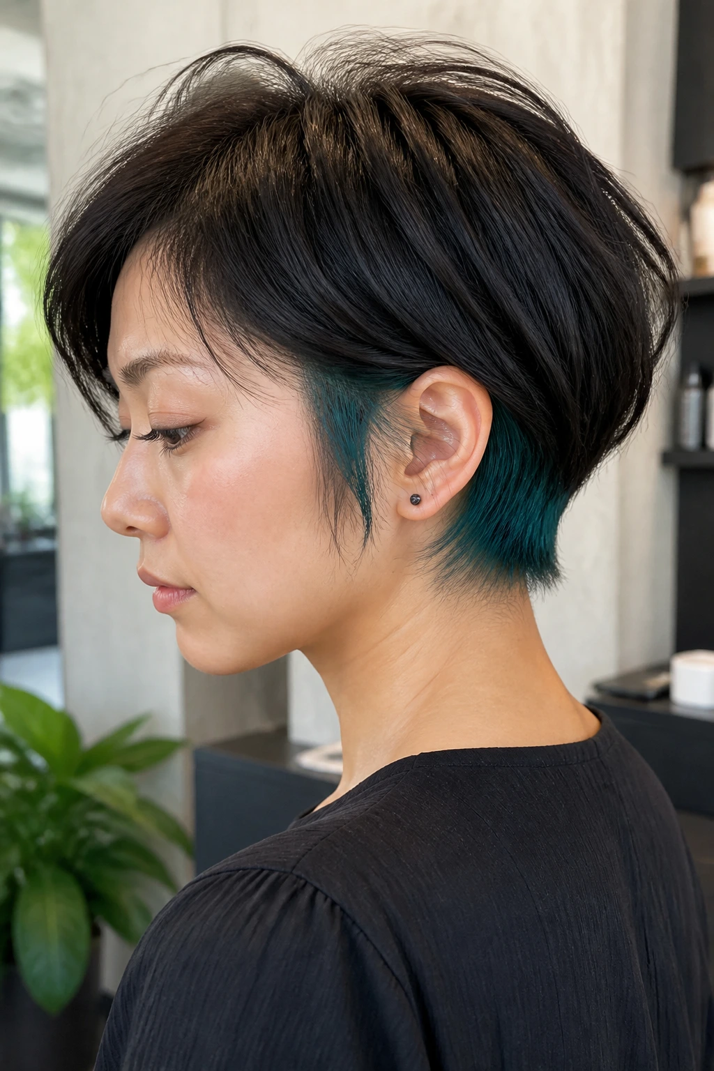 Close-up of a real Asian woman with teal panels in a short cut.