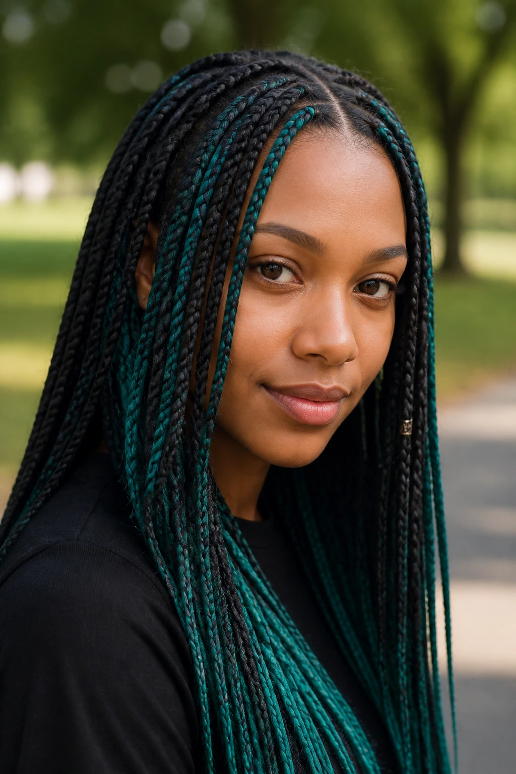 Close-up of a real woman with teal peekaboo braids peeking through dark hair
