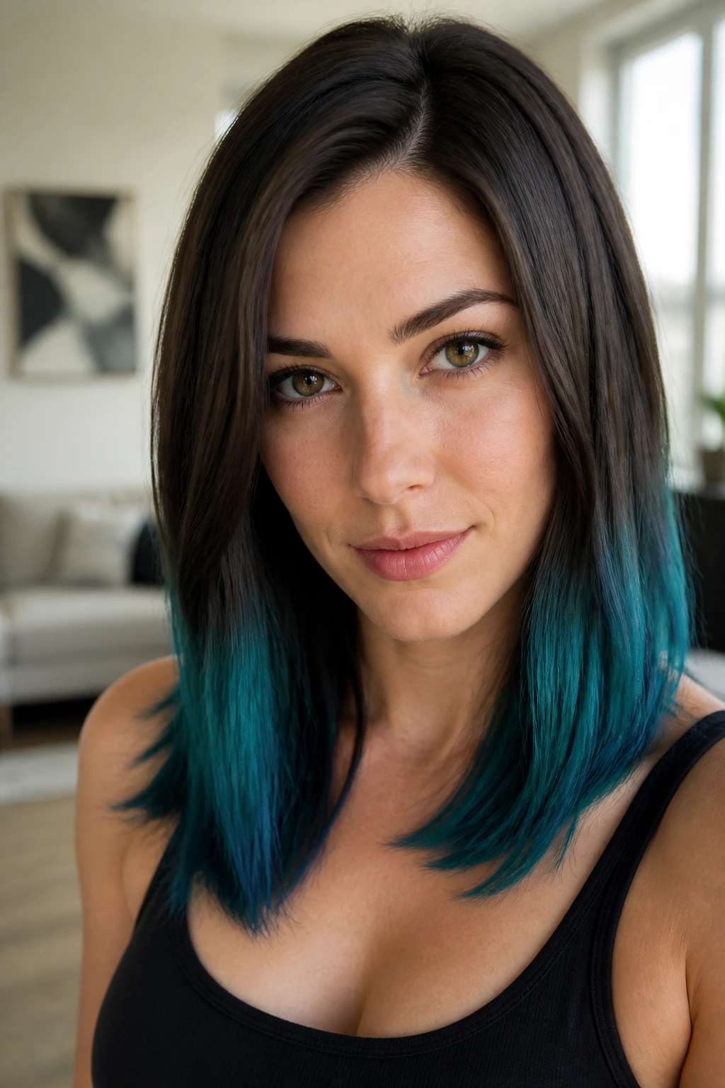 Real woman with teal-tipped brunette hair in close-up portrait