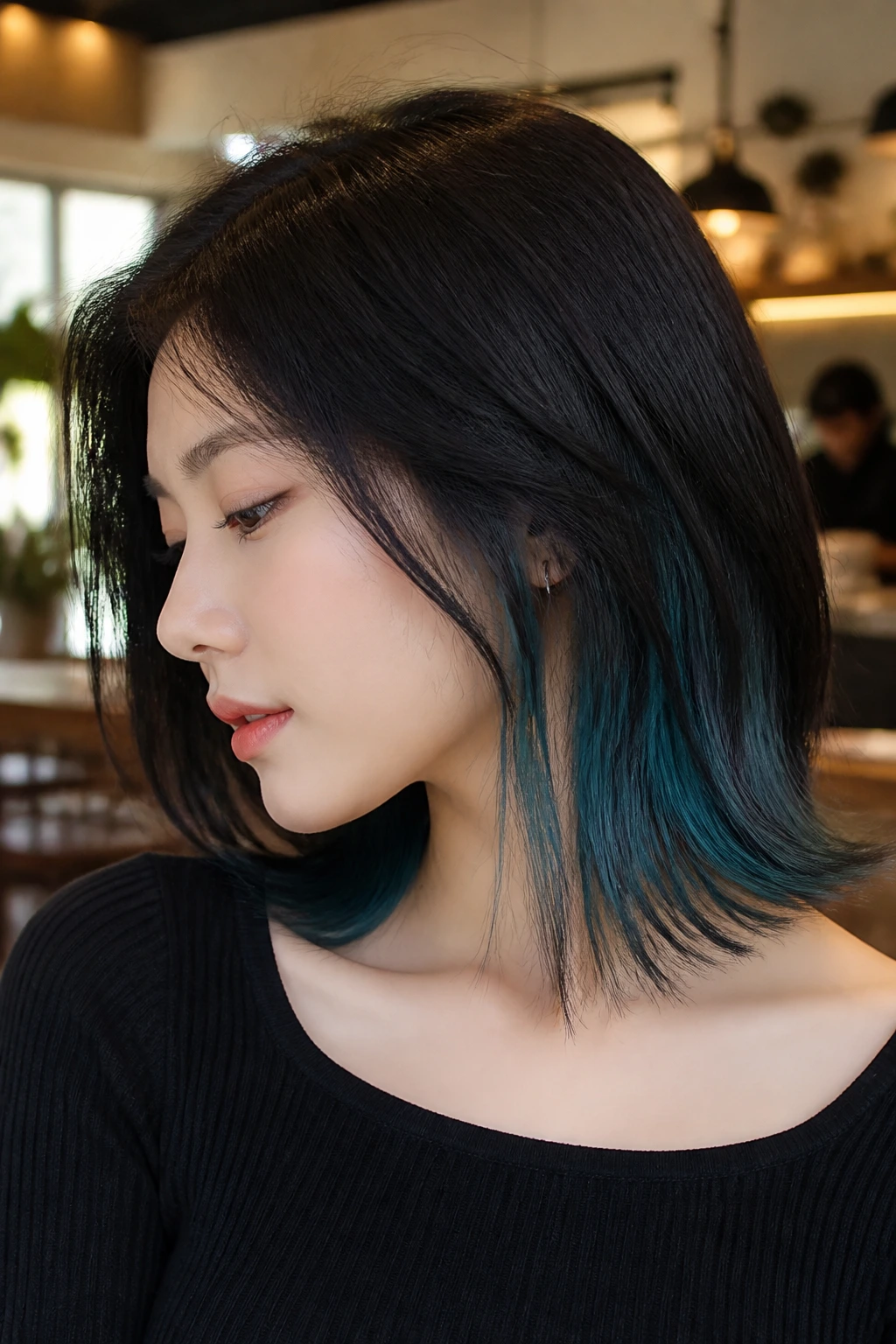 Close-up of a real woman with shoulder-length hair showing teal underlayer peeking at the hem