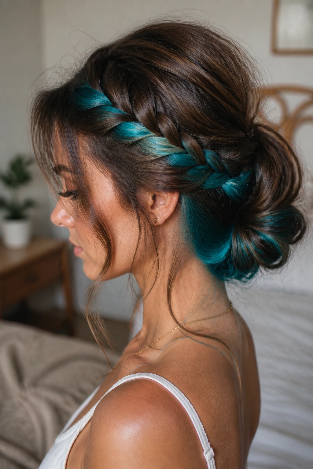 Close-up portrait of a woman with teal underlayer visible in braids and bun