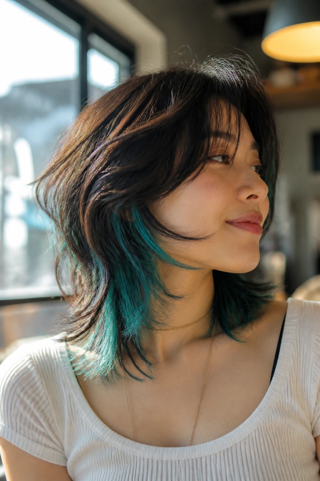 Close-up portrait of real person with shoulder-length wolf cut and teal underlayers