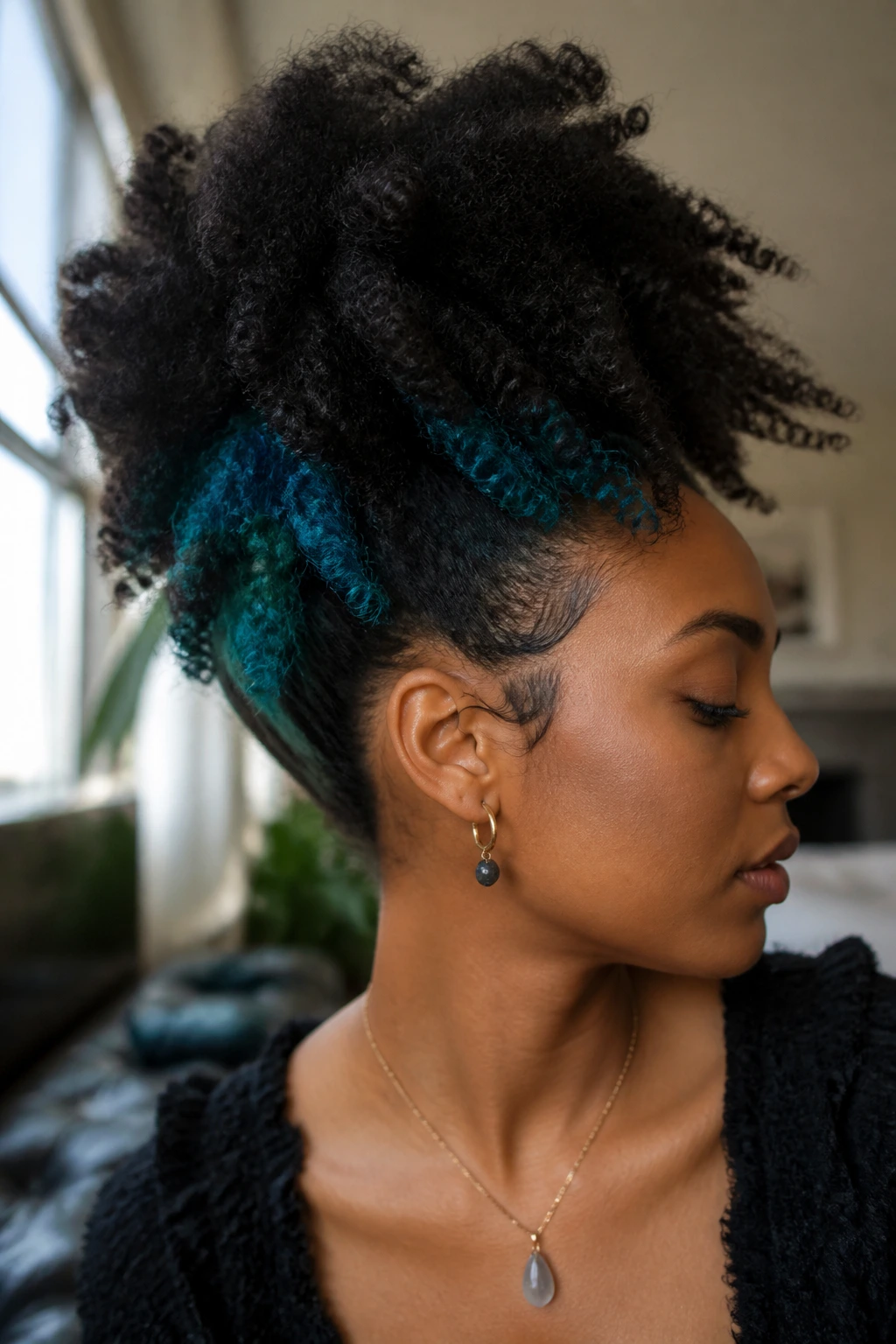 Close-up of a woman with teal underlights under a puff hairstyle