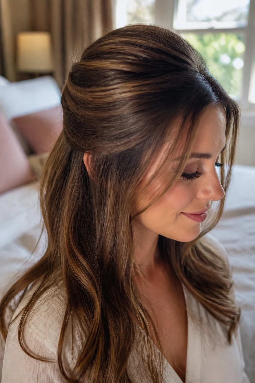 Close-up of real woman with teased crown and pinned back volume crown