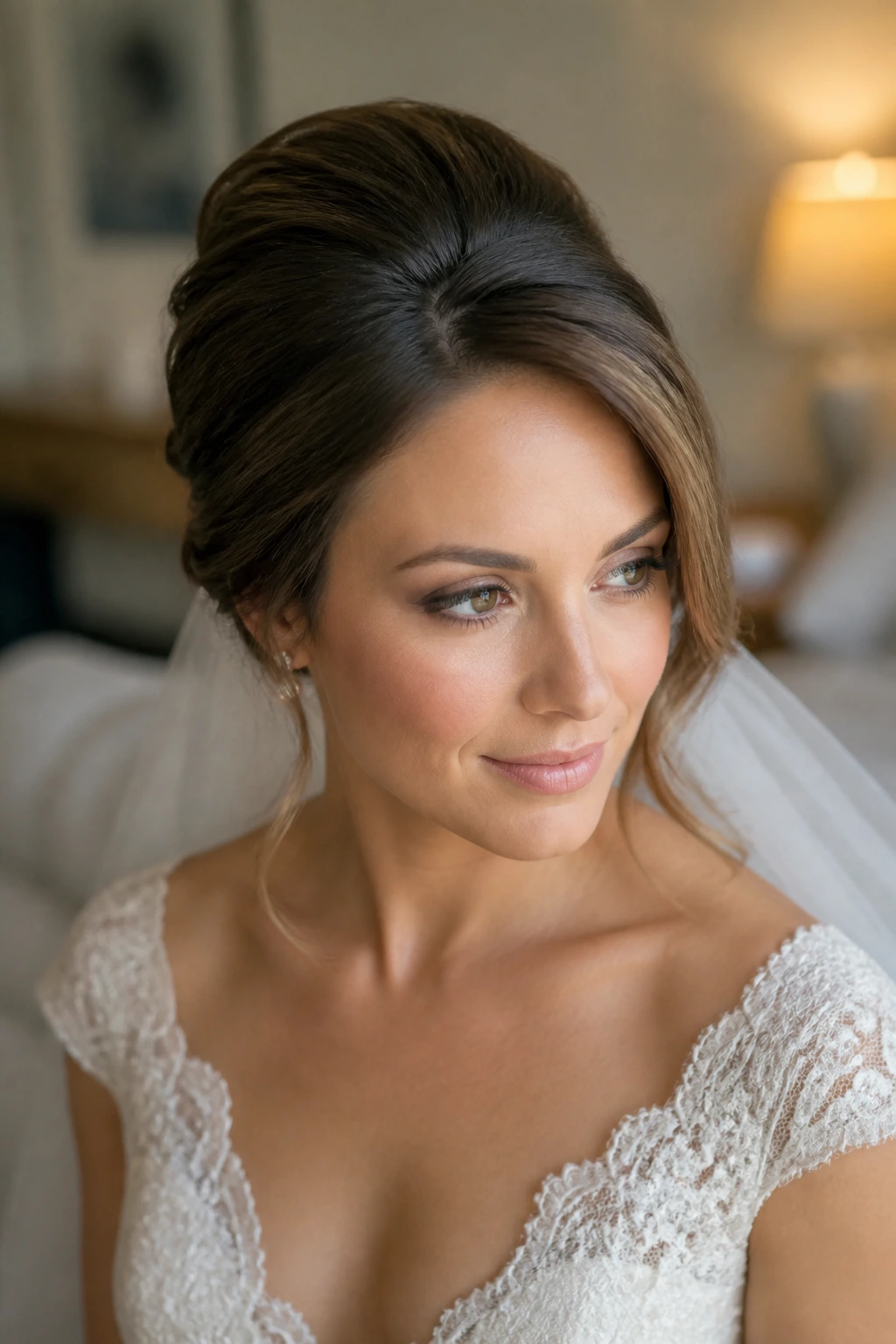 Close-up of real bride with teased crown and swept hair