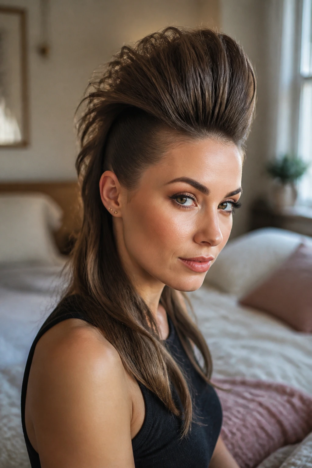 Close-up of a real person with a teased crown hawk hairstyle and lifted crown