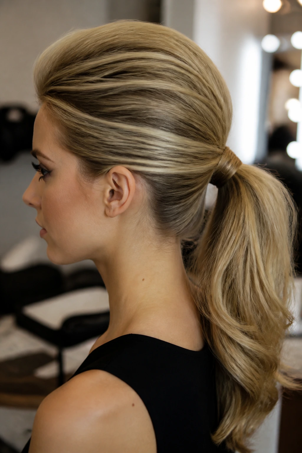 Close-up of a woman with a teased crown and ponytail