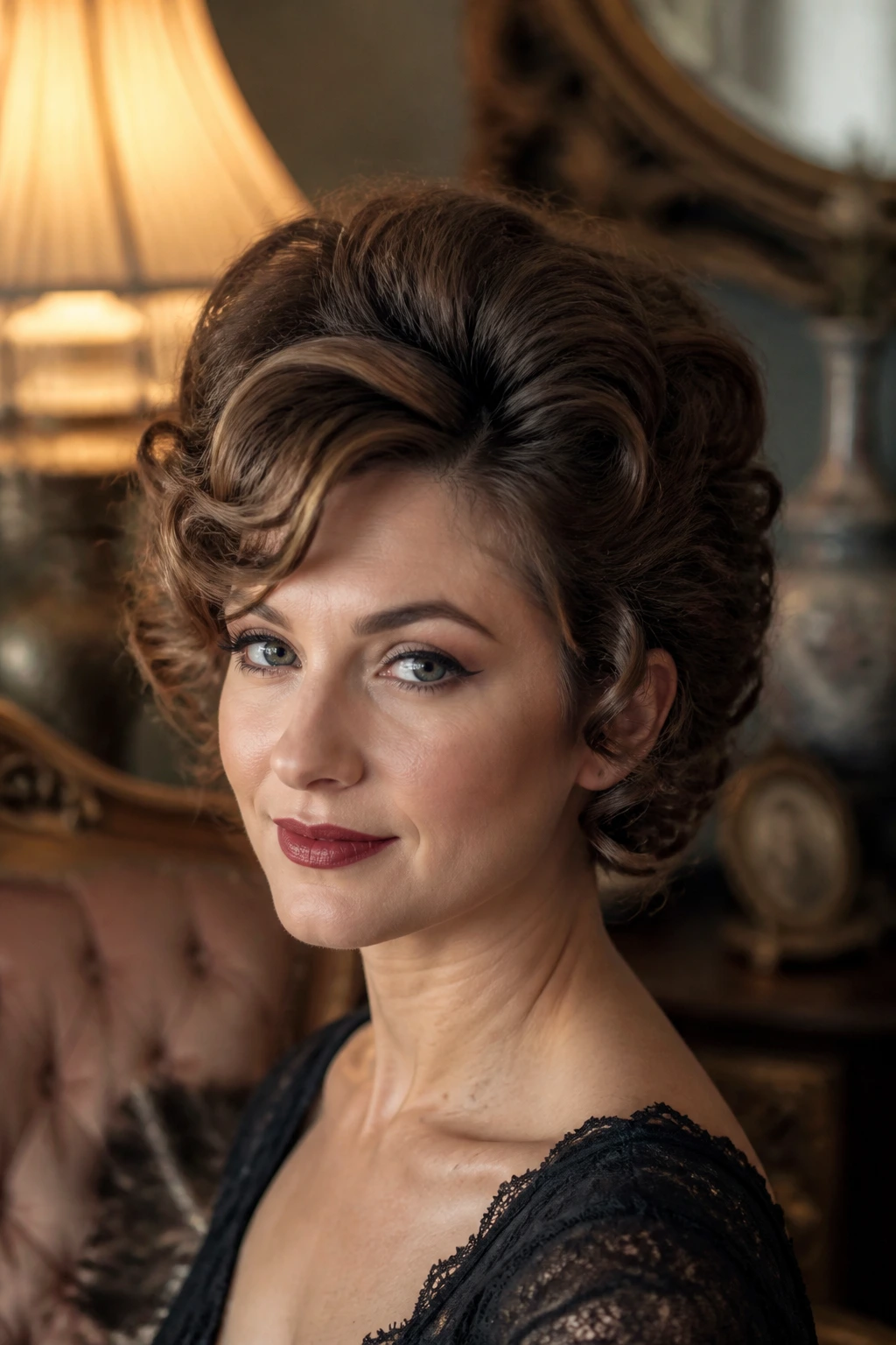 Close-up portrait of a real person with teased crown on short curled hair