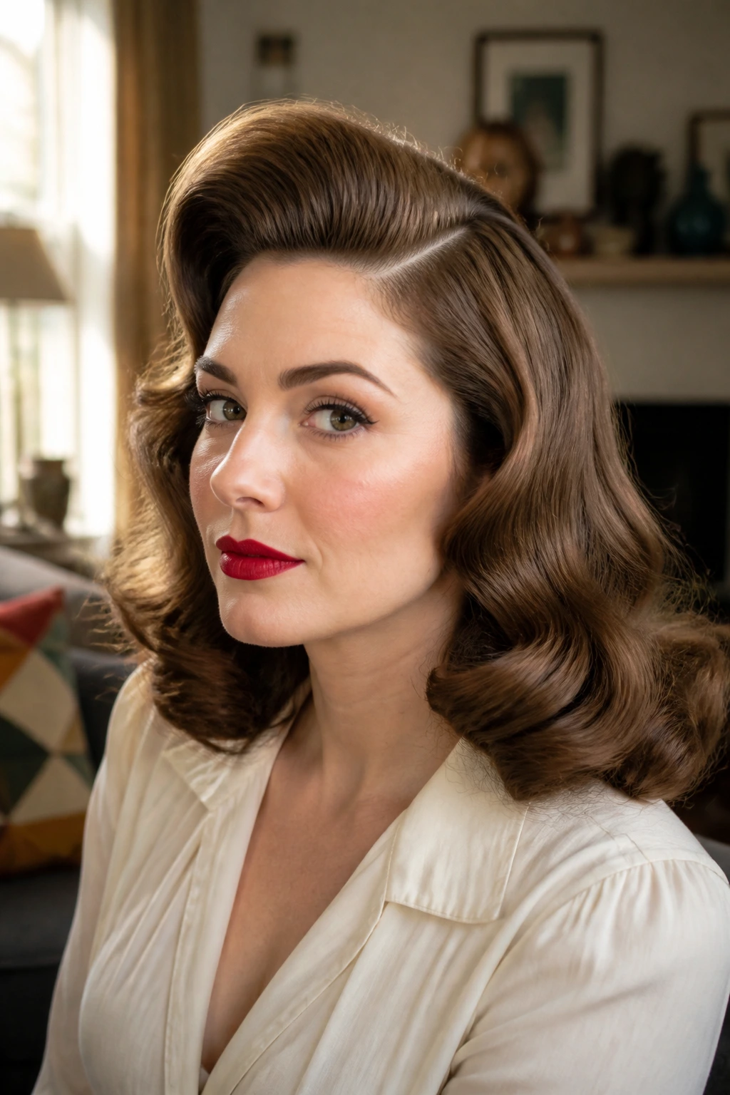 Portrait of a woman with teased crown and old-school waves in natural window light.