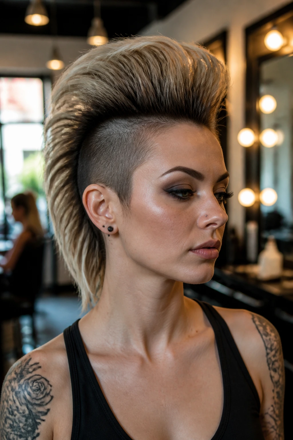 Close-up of a real person with a teased volume mohawk in a stylish salon