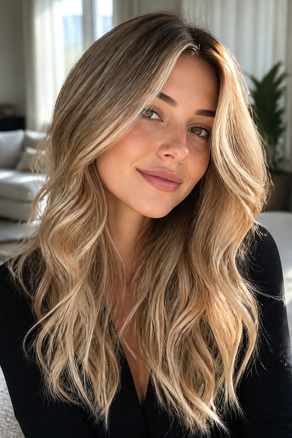 Long hair with seamlessly blended teasylight champagne highlights on a real person.