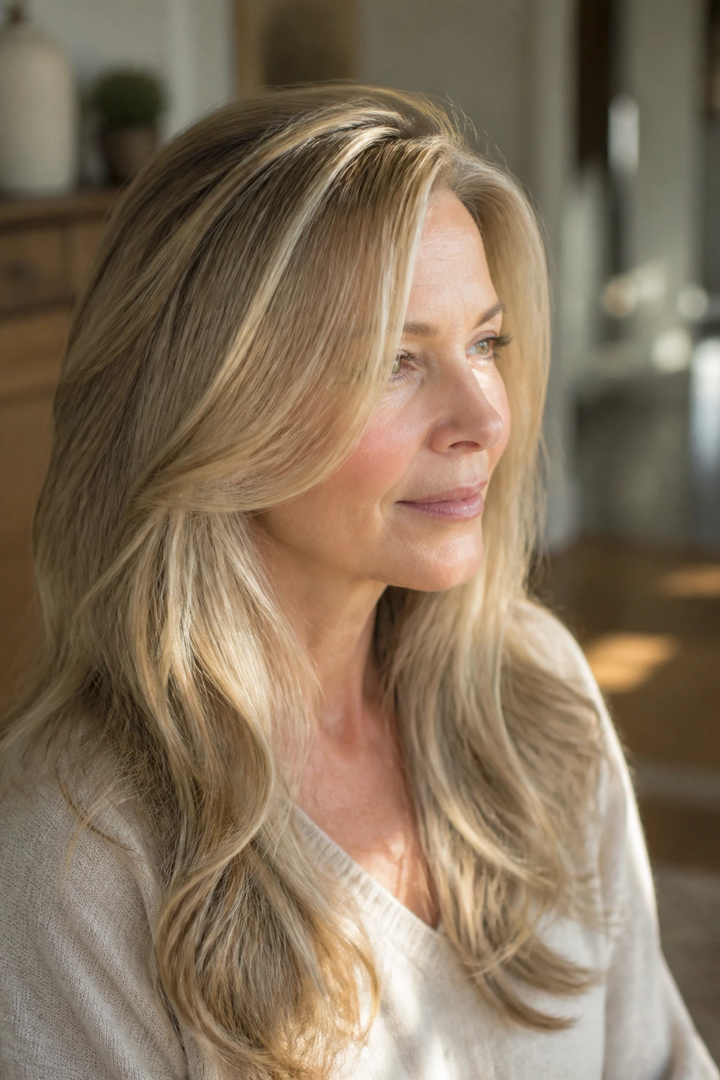 Close-up of a woman with sunlit teasylights in long hair