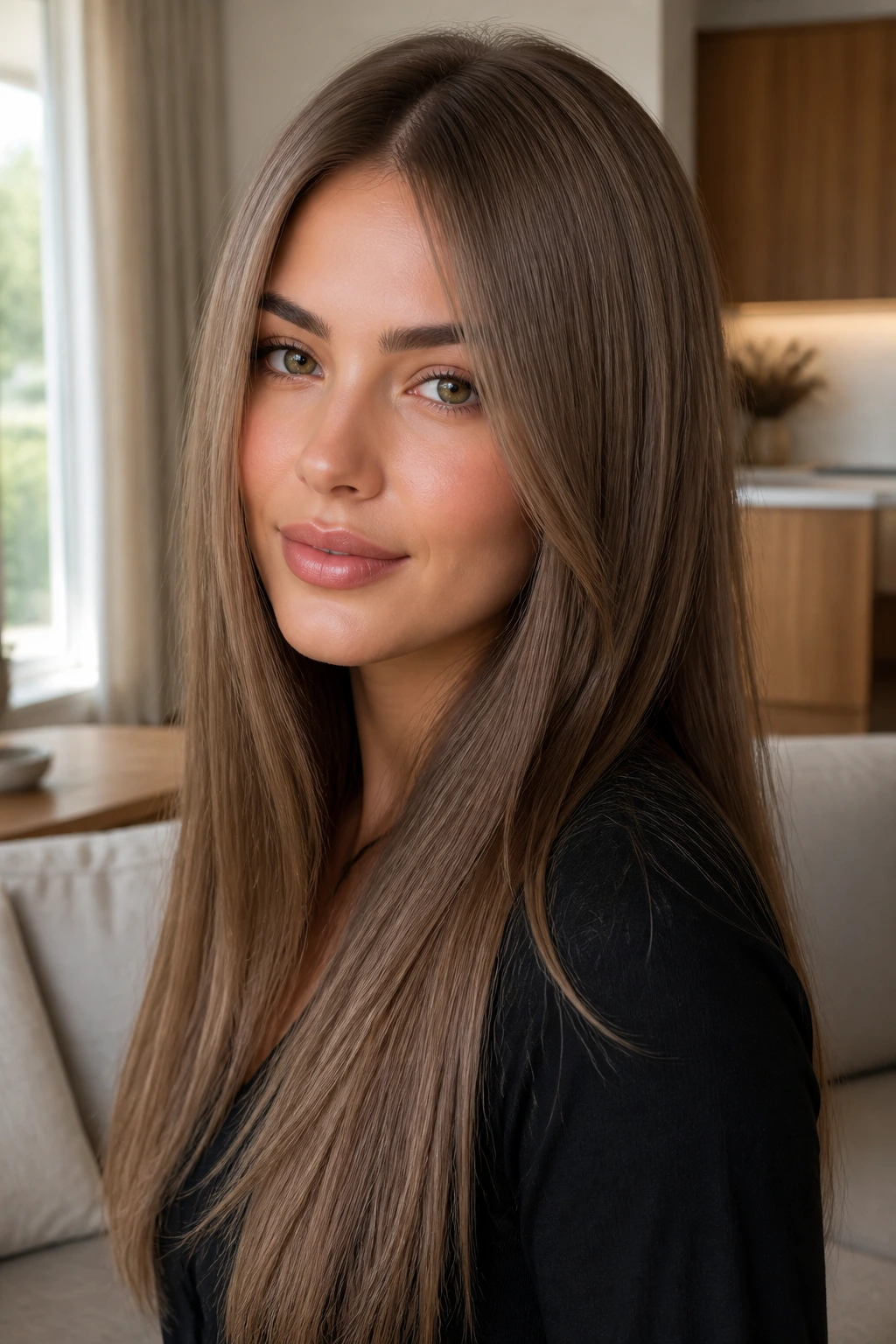 Close-up portrait of a real woman with teddy bear brown straight hair in natural light