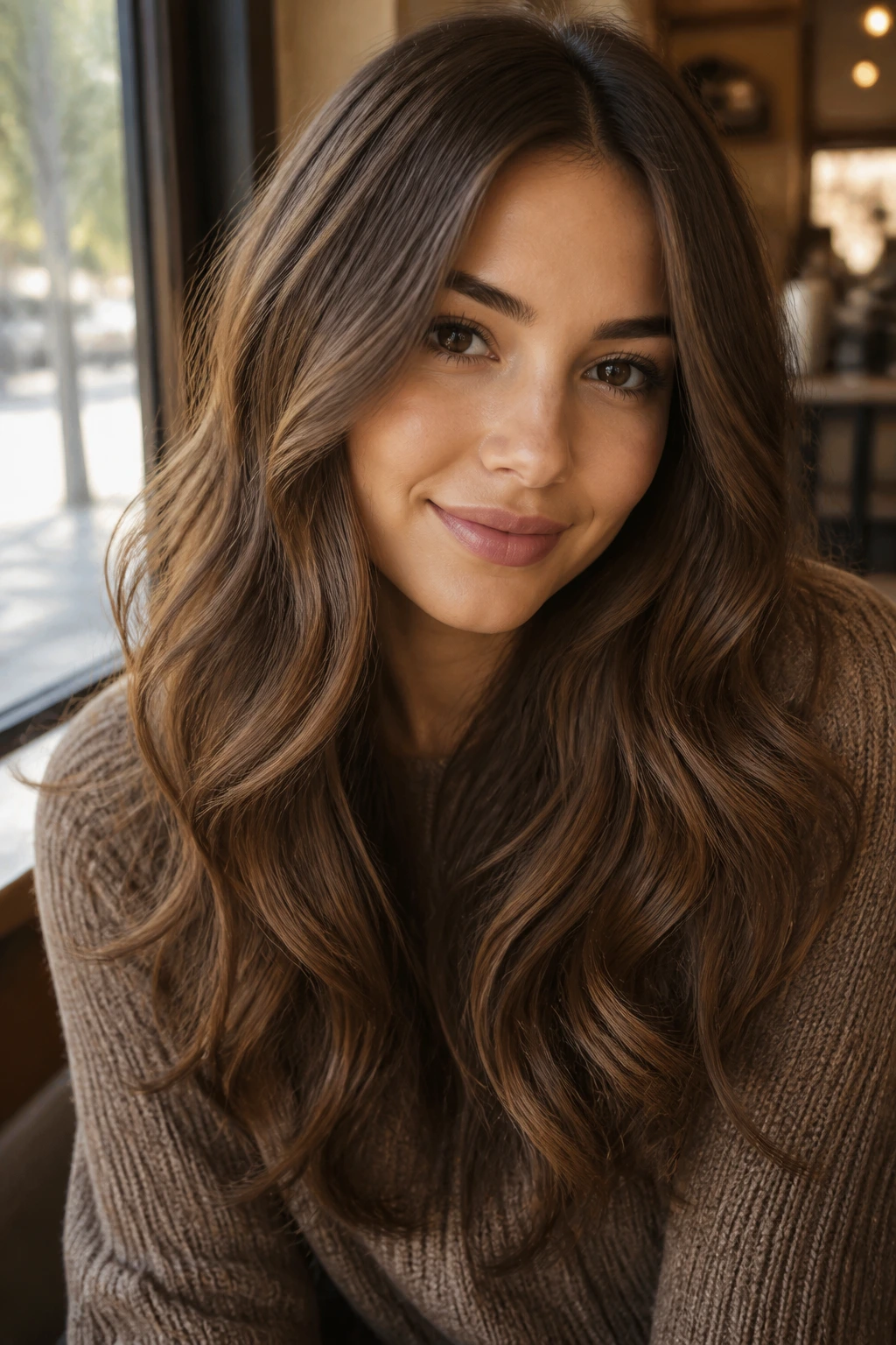 Close-up of a real woman with teddy bear brunette under warm cafe window light