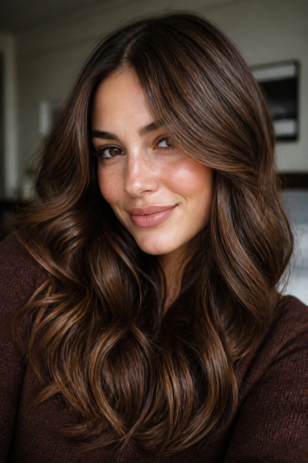 Close-up of teddy bear brunette hair on real woman in warm light