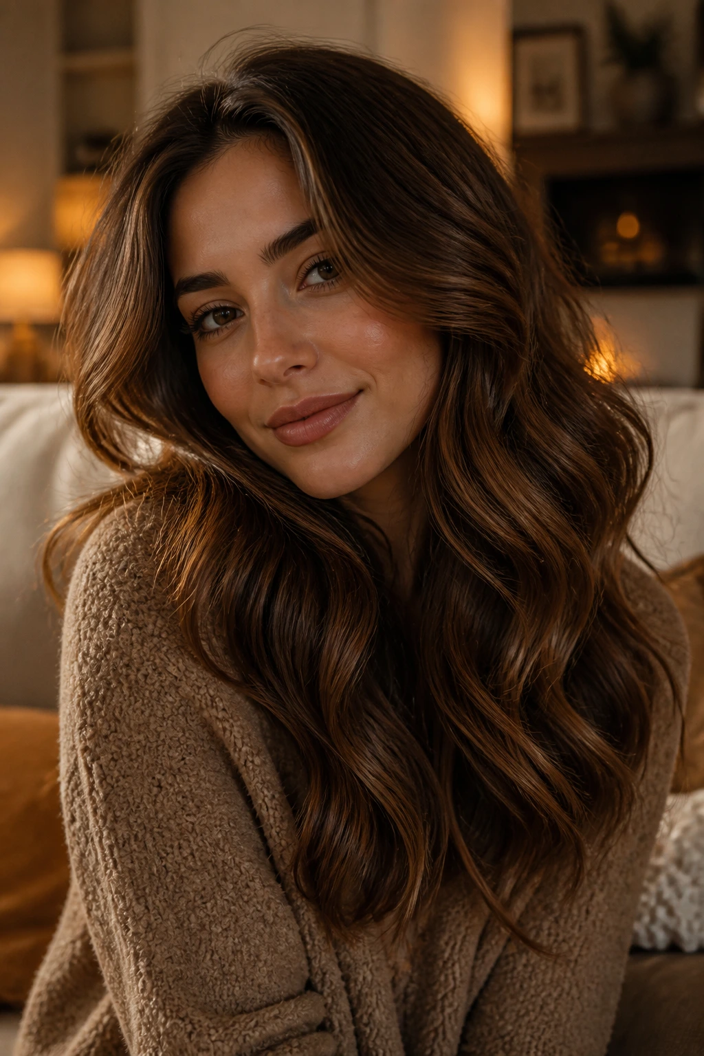 Close-up of a real woman with teddy bear brunette hair texture and plush waves.
