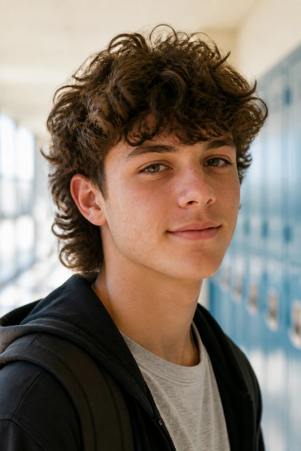 Close-up of a teen with easy curly mullet, soft layers and manageable length