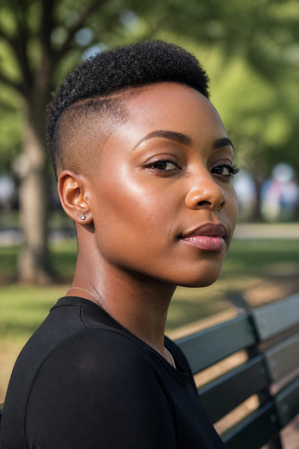 Close-up of a woman with a tiny afro hawk in a park setting