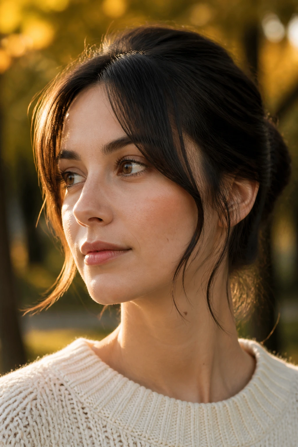 Portrait of woman with temple bangs framing the sides