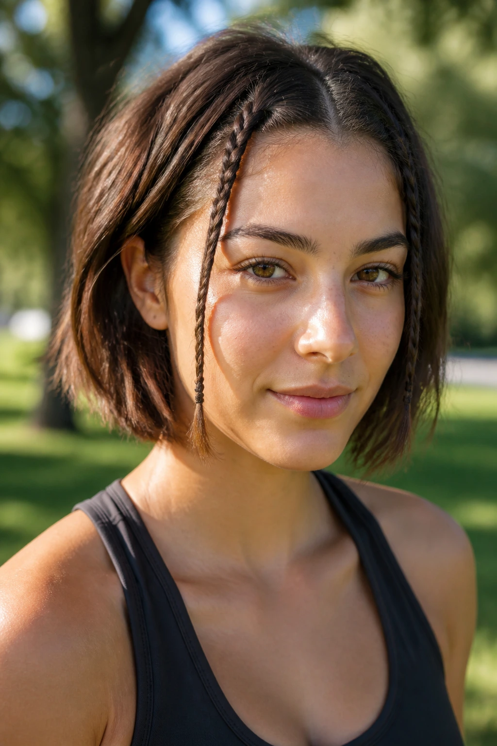 Close-up of a real person with two temple braids and loose hair