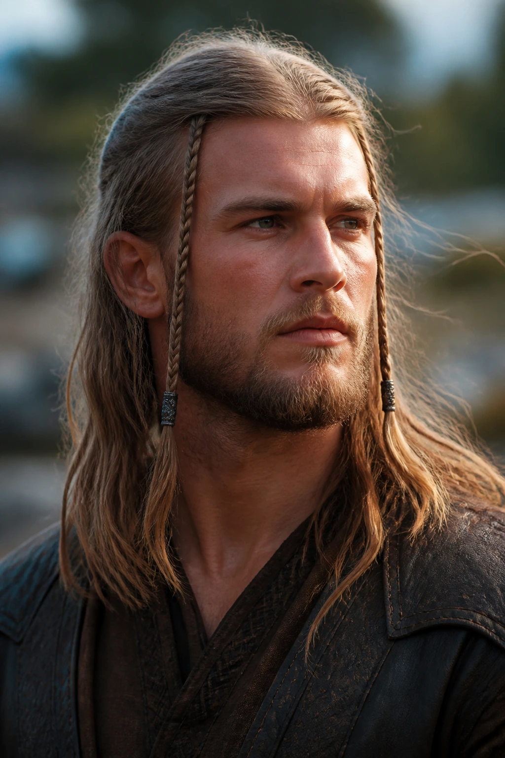 Man with twin temple braids and loose back hair outdoors