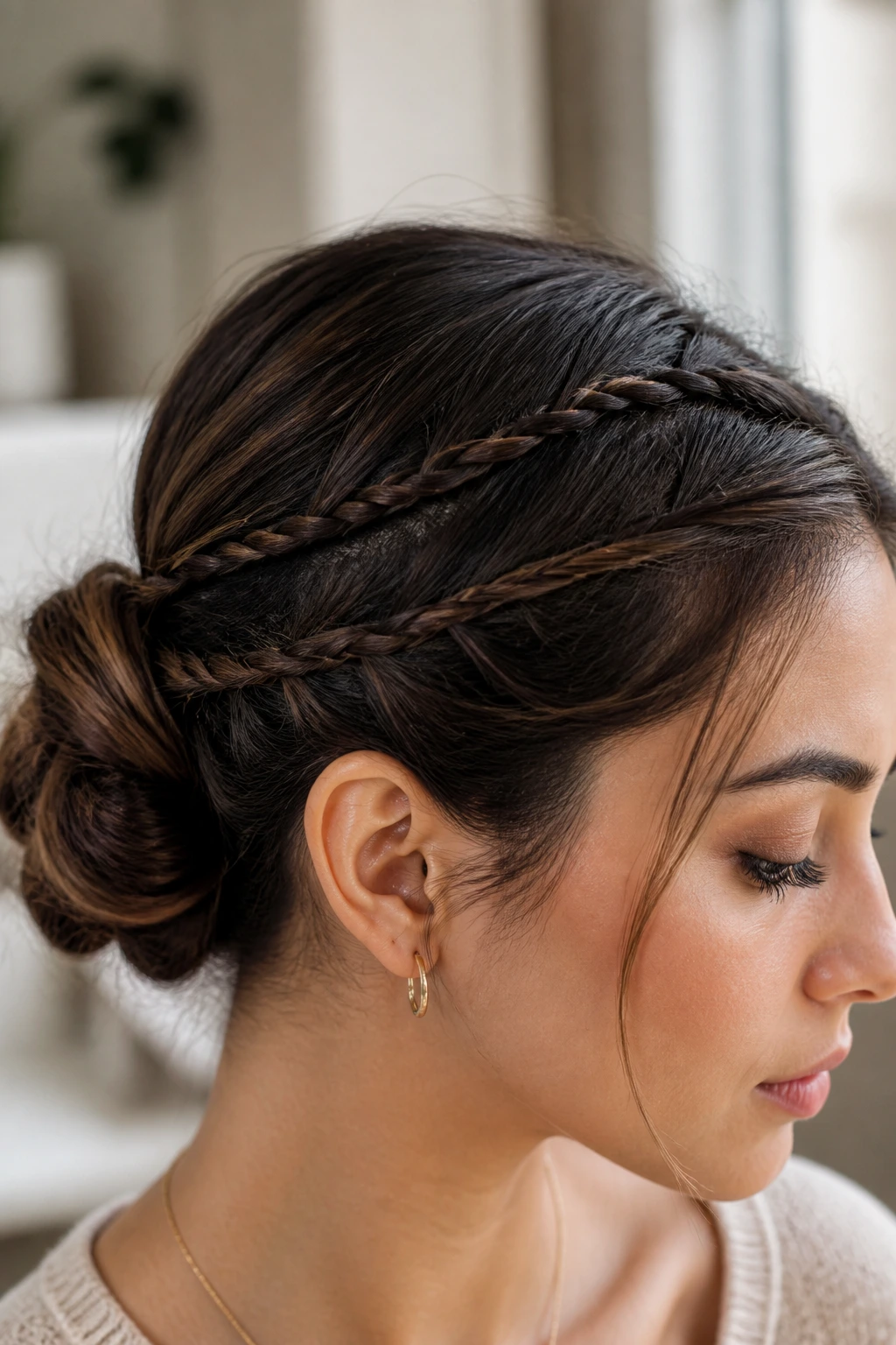 Temple braids leading into a tucked bun on a real person