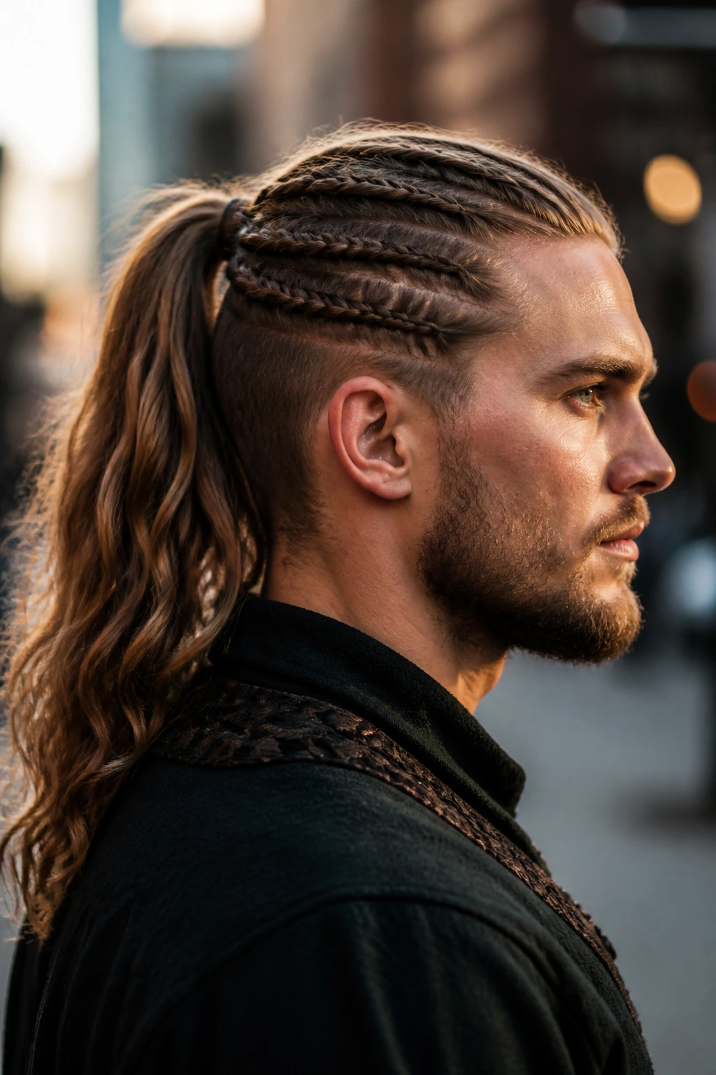 Real person profile with ponytail and tapered temple braids