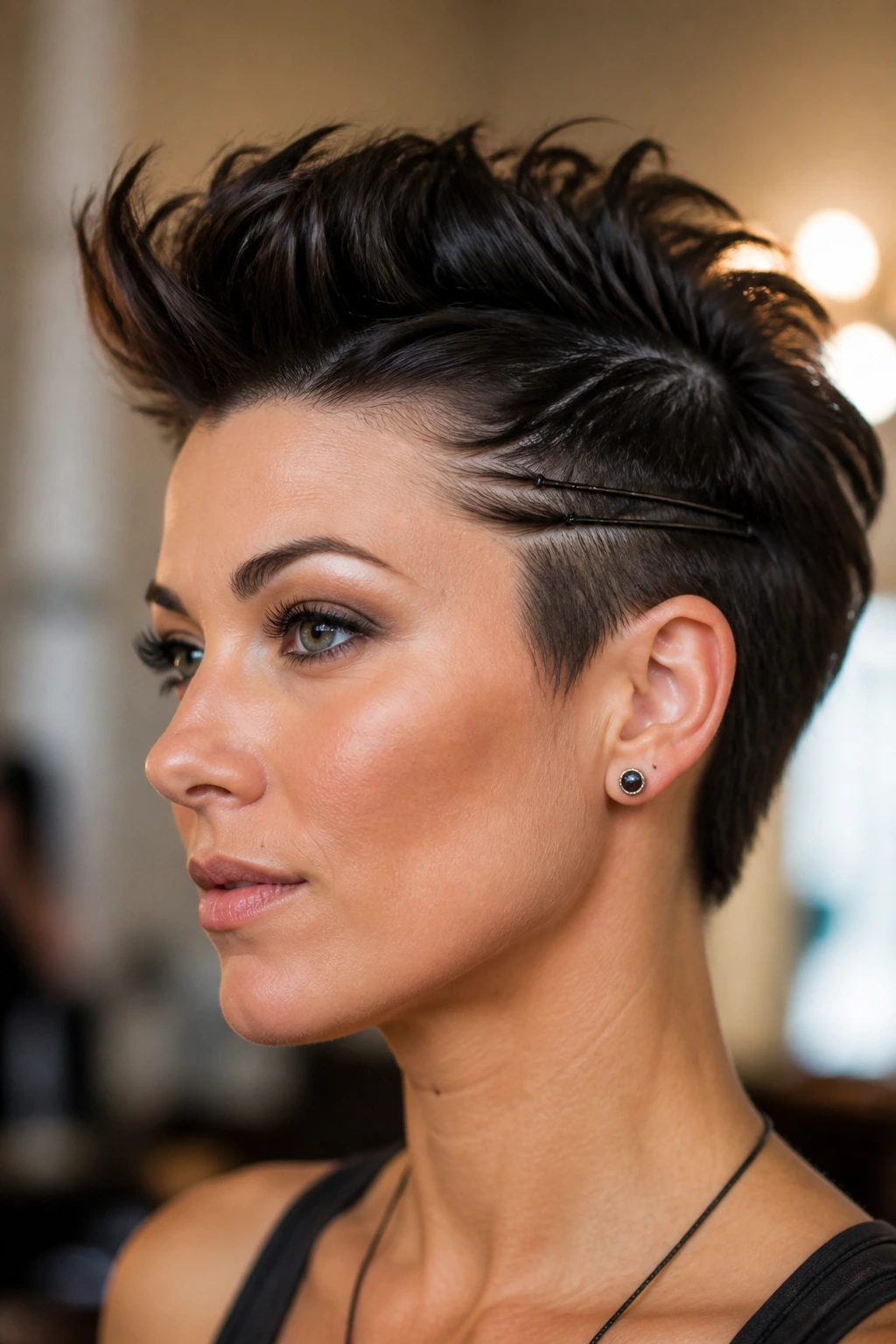 Close-up of a real woman wearing temple clip faux hawk hairstyle