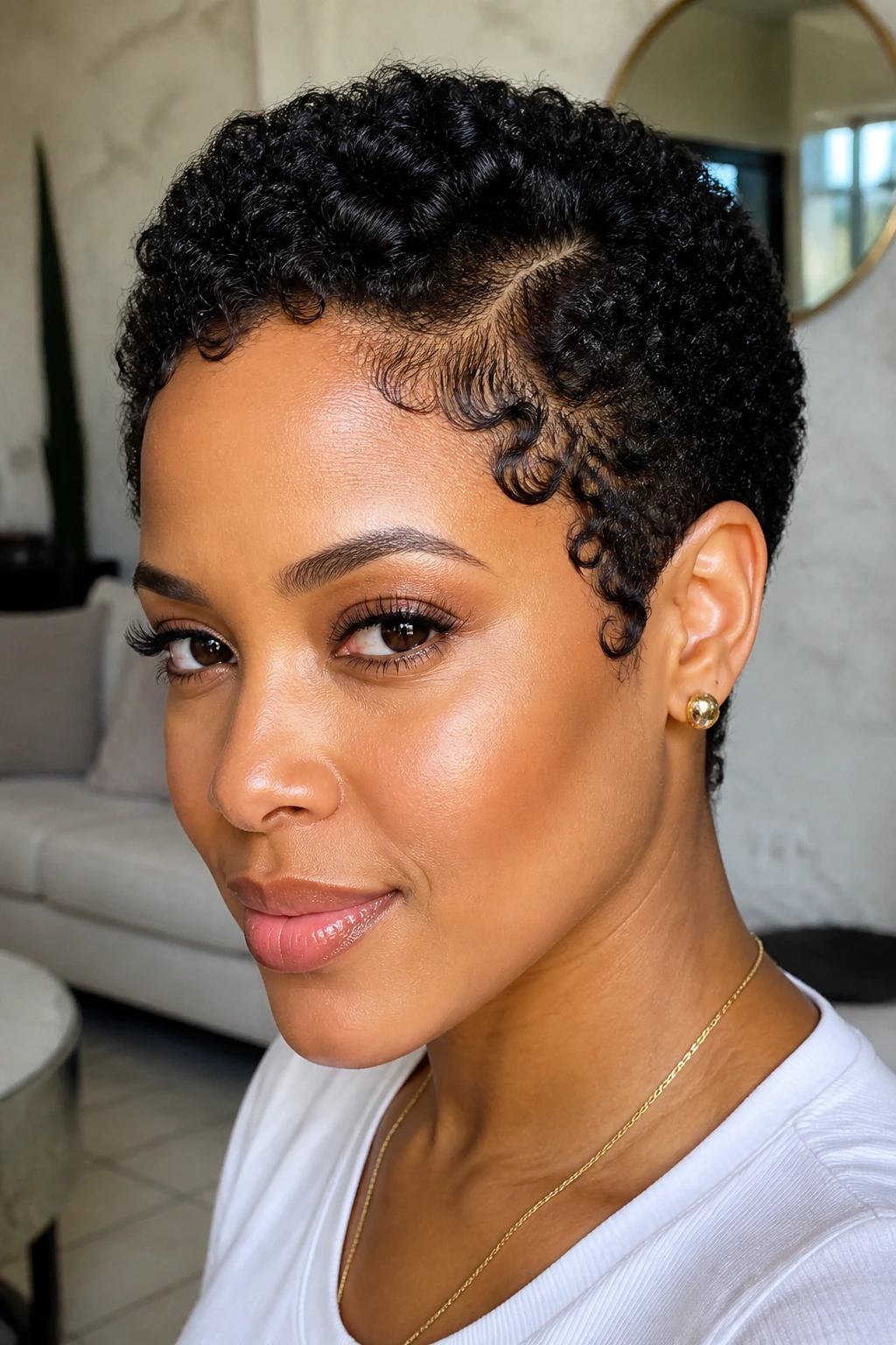 Close-up of a real woman's sculpted coily crop with defined temple curls
