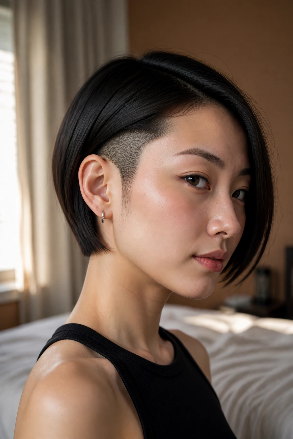 Close-up of an Asian woman with a crisp temple cut showing a defined edge