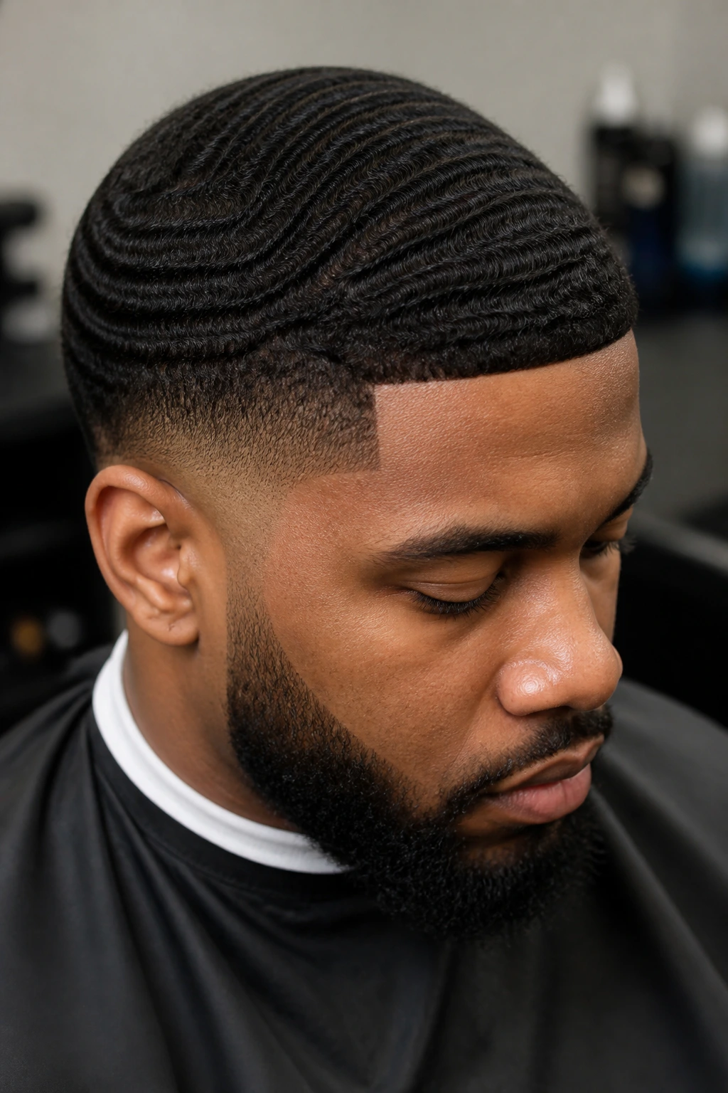 Close-up of a man with temple fade and 360 waves hairstyle