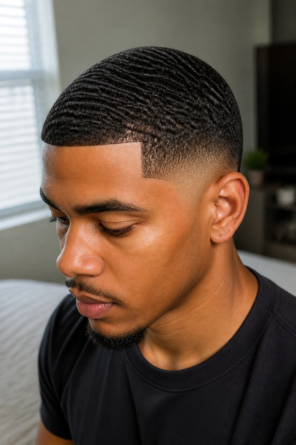 Close-up portrait of a man with temple fade and 360 waves hairstyle