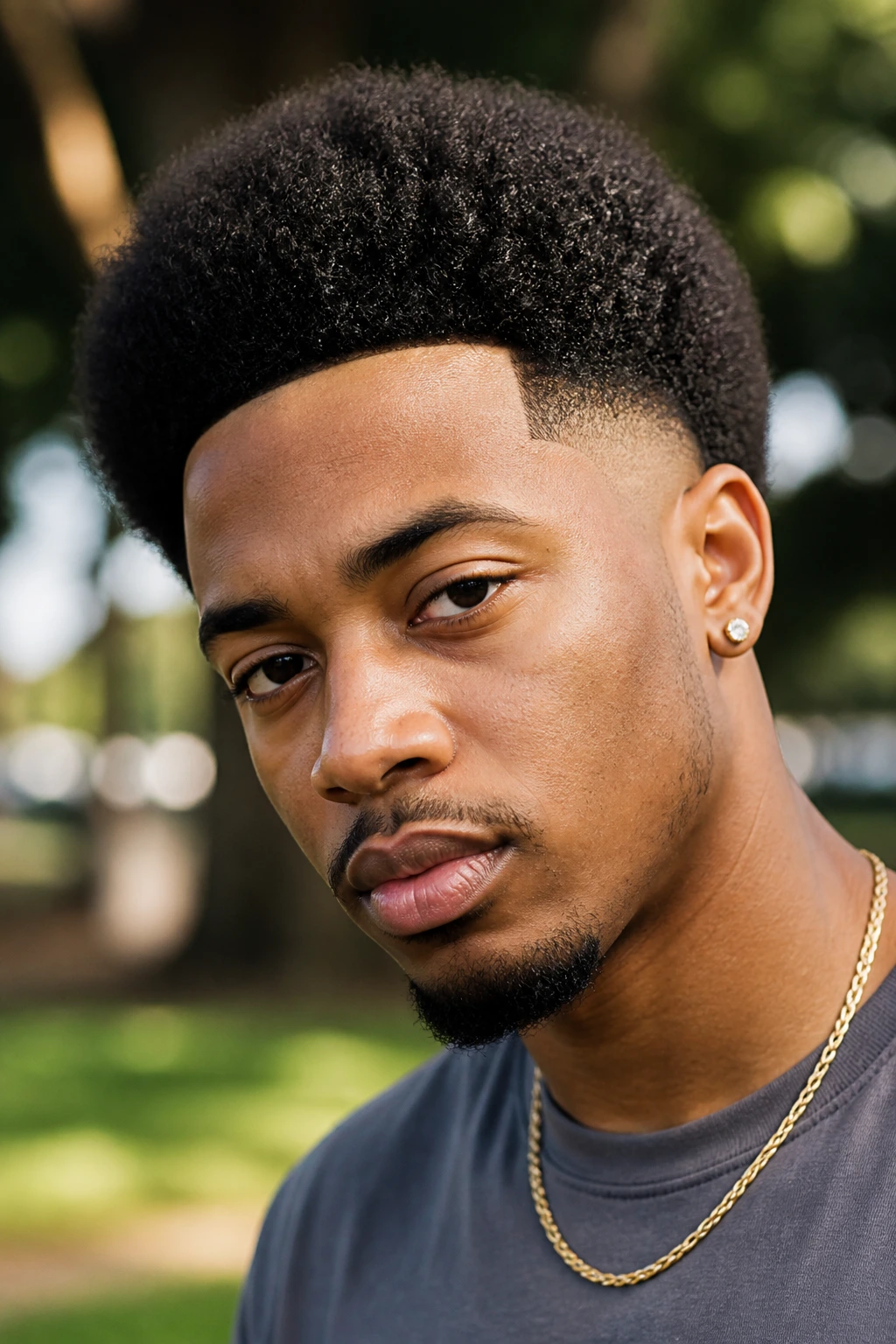 Close-up portrait of a person with rounded Afro and temple fade in a park setting.