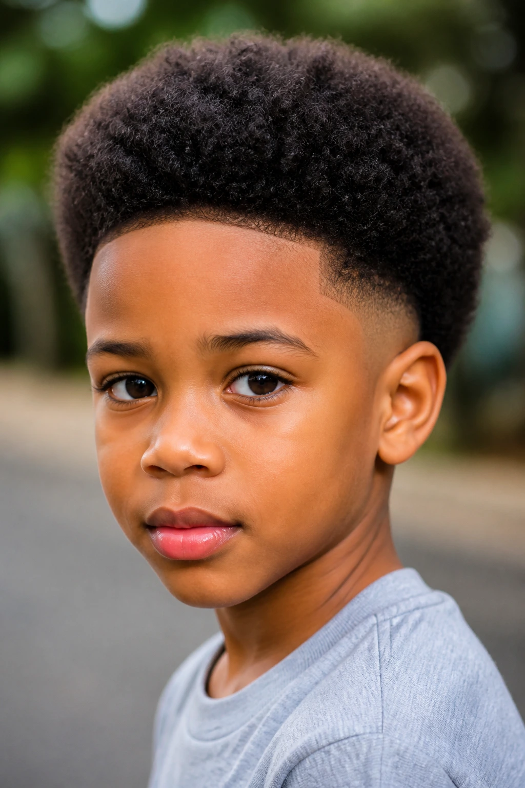 Close-up portrait of a boy with temple fade afro hairstyle in soft-lit setting.