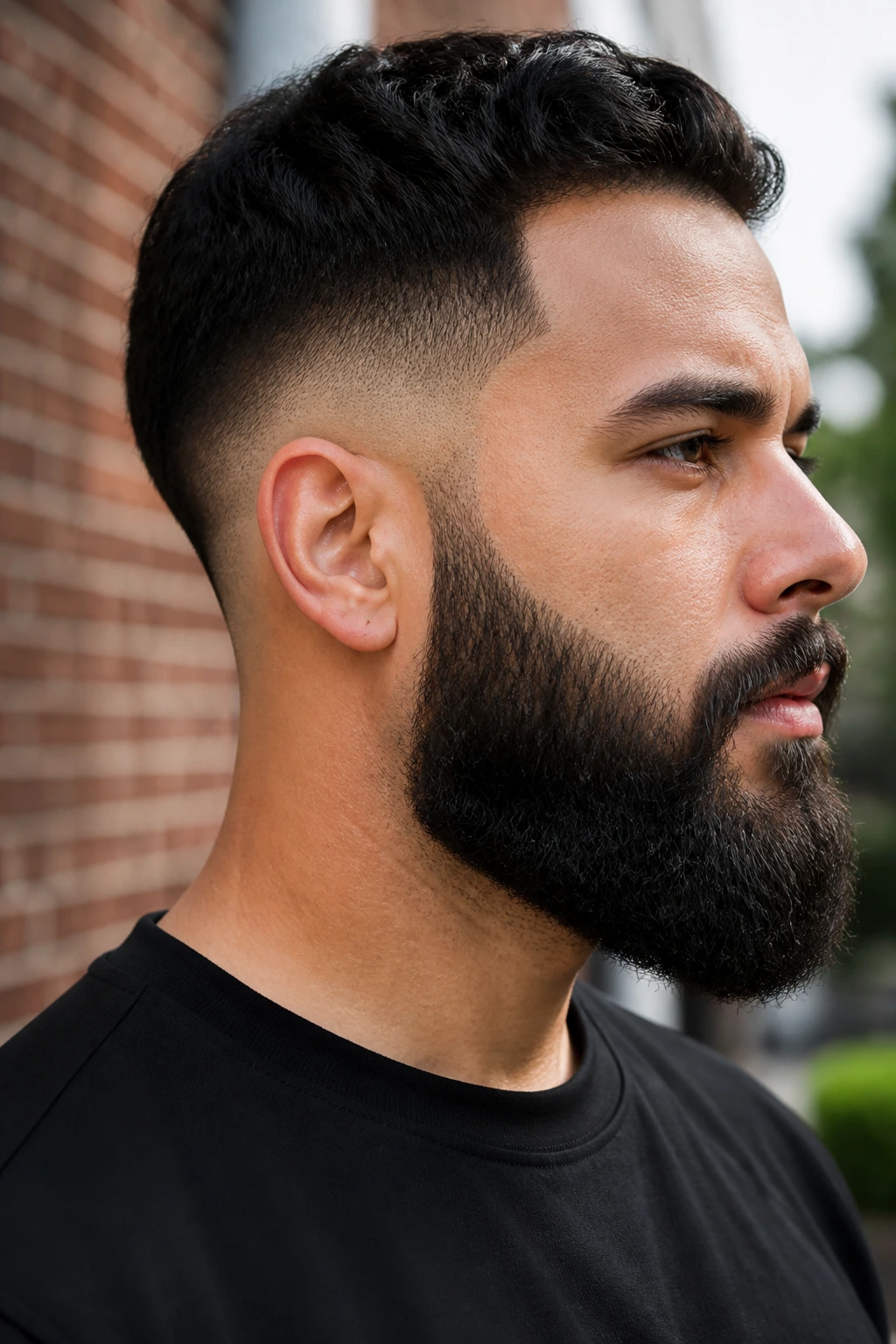 Close-up of a man with temple fade beard against brick wall background