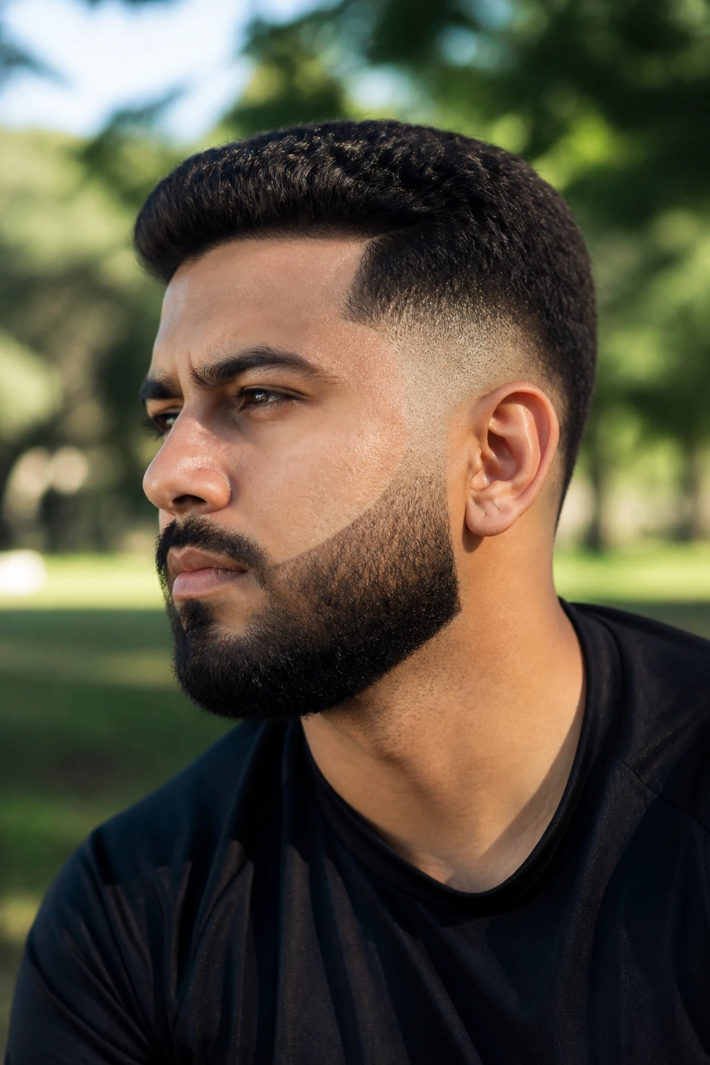 Close-up of a man with temple fade beard in a park setting
