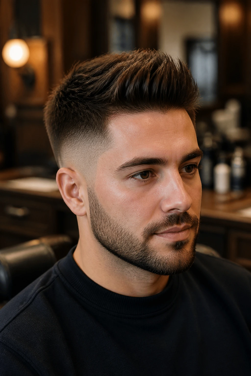 Close-up of a man with temple fade brush-up hairstyle in an upscale barber shop