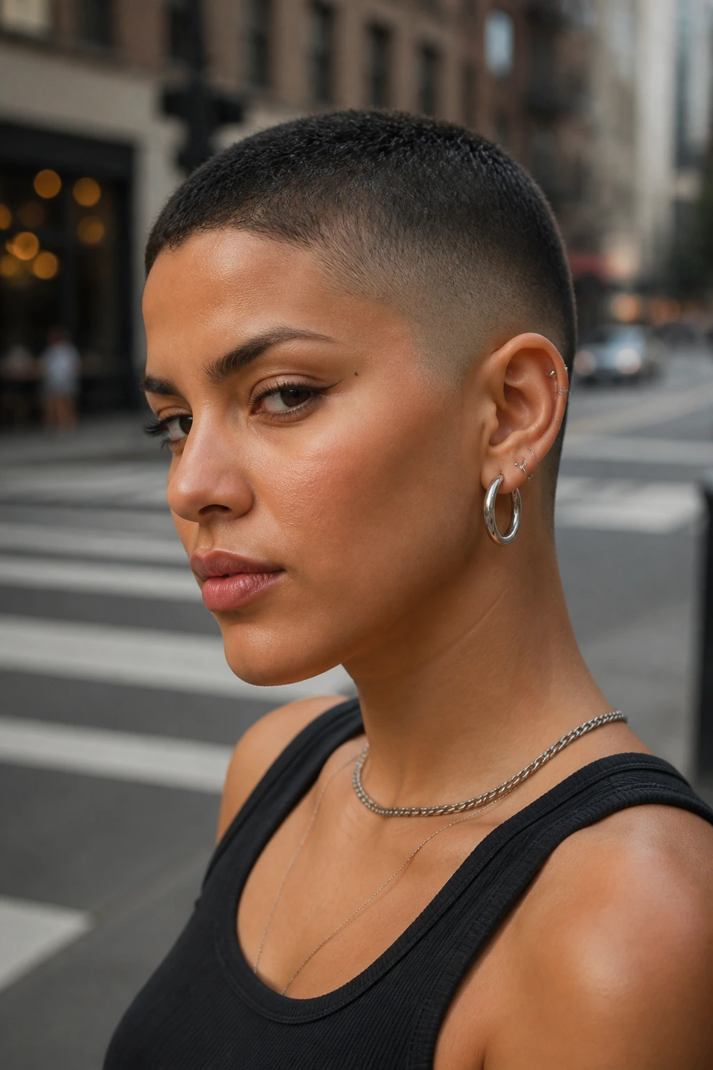 Close-up portrait of a person with temple-fade buzz cut showing clean fade and longer top