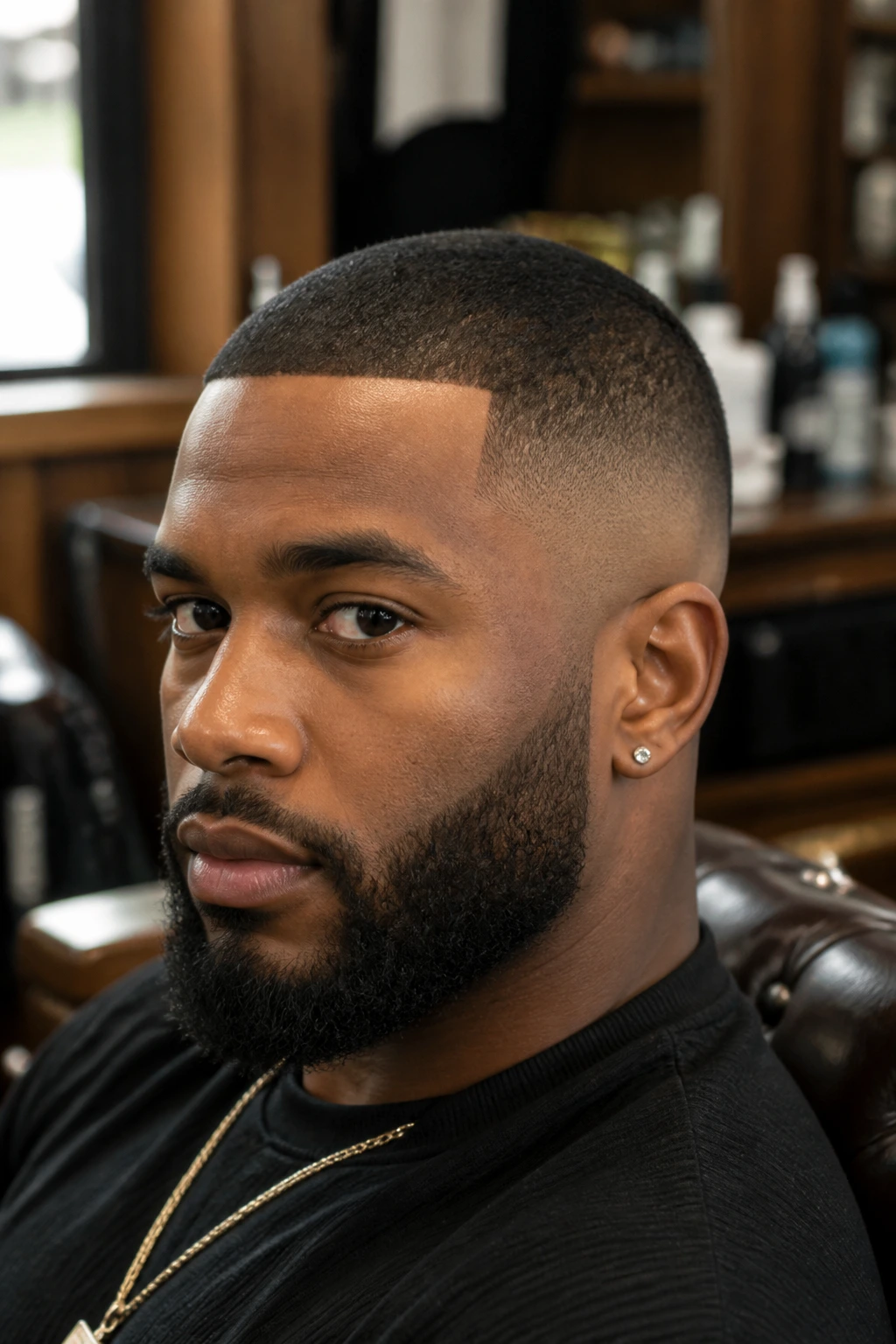Close-up portrait of a Black man with temple fade buzz hairstyle.