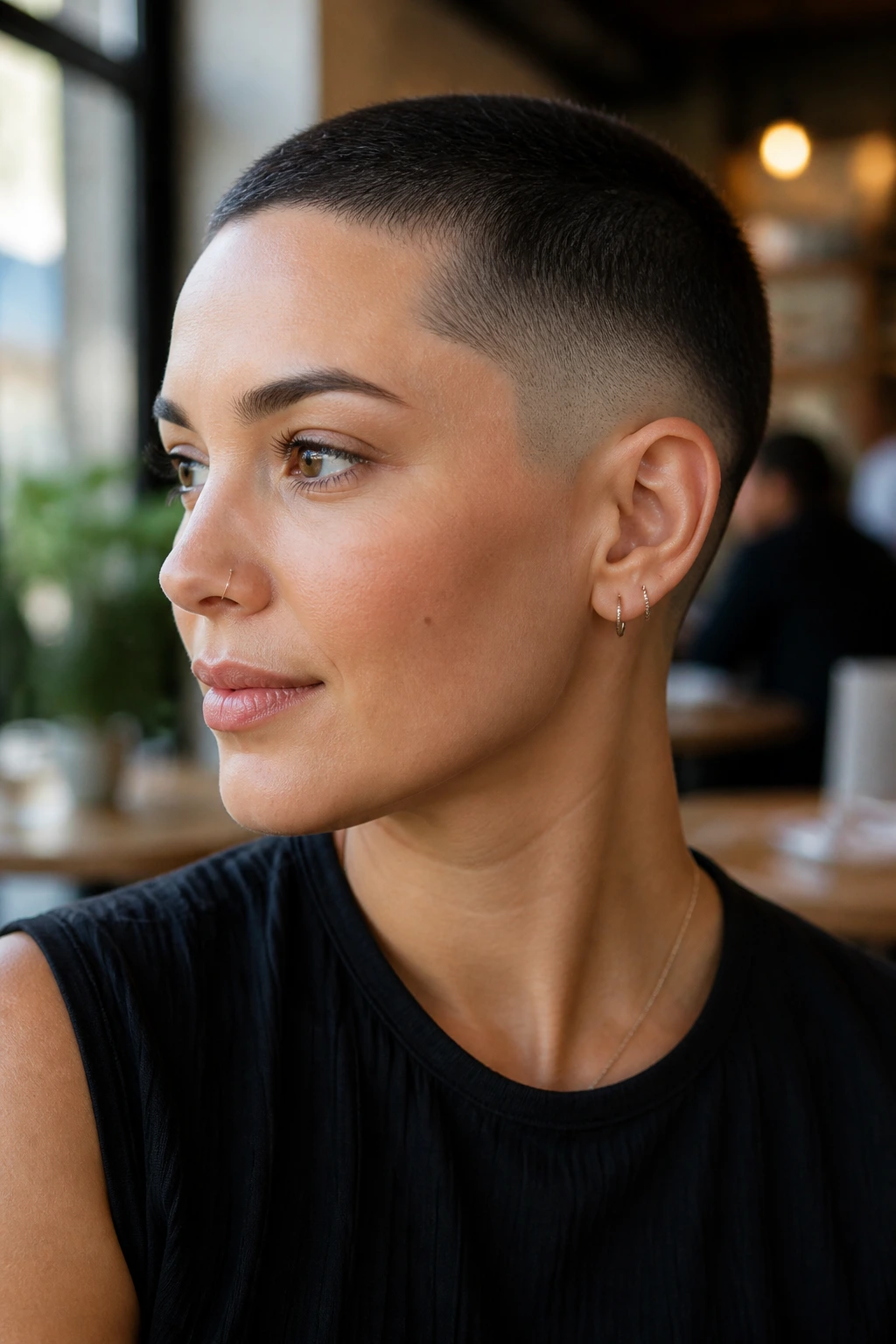 Close-up portrait of a real woman with a temple fade buzz cut in a cafe