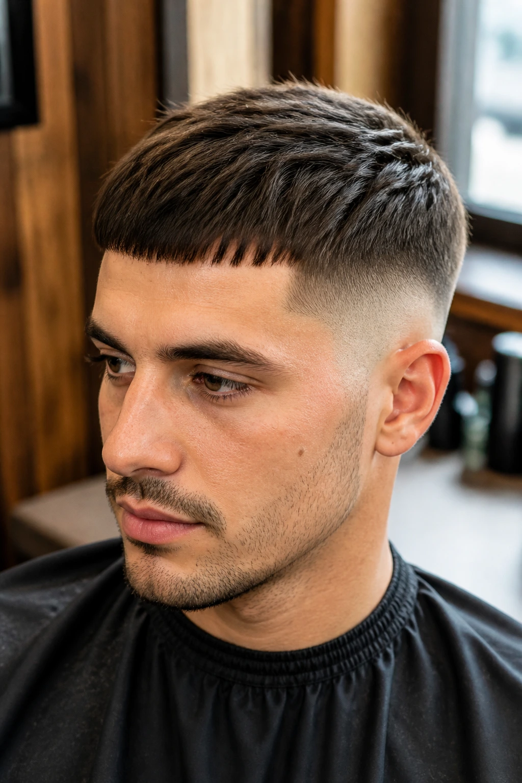 Close-up portrait of a man with temple fade and Caesar fringe in warm barbershop lighting