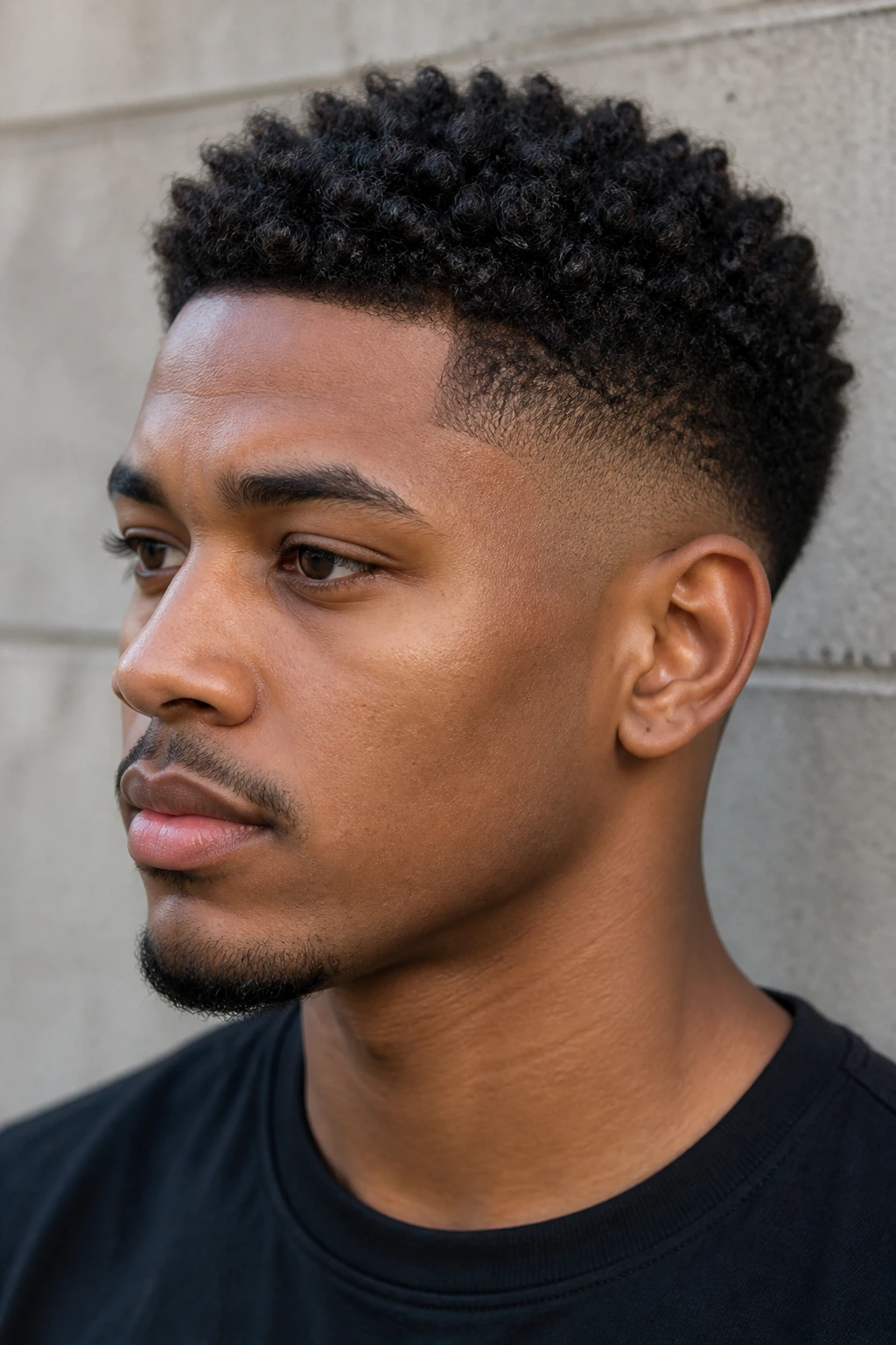 Close-up of a man with temple fade and coils, neutral outdoor wall.
